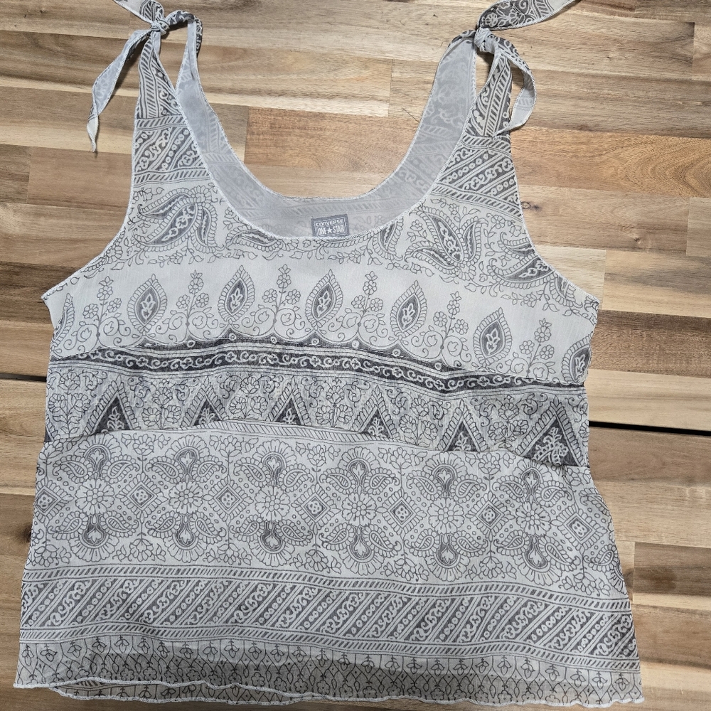 Converse Sheer Gray Paislet Sleeveless Tie Strap Tank Top